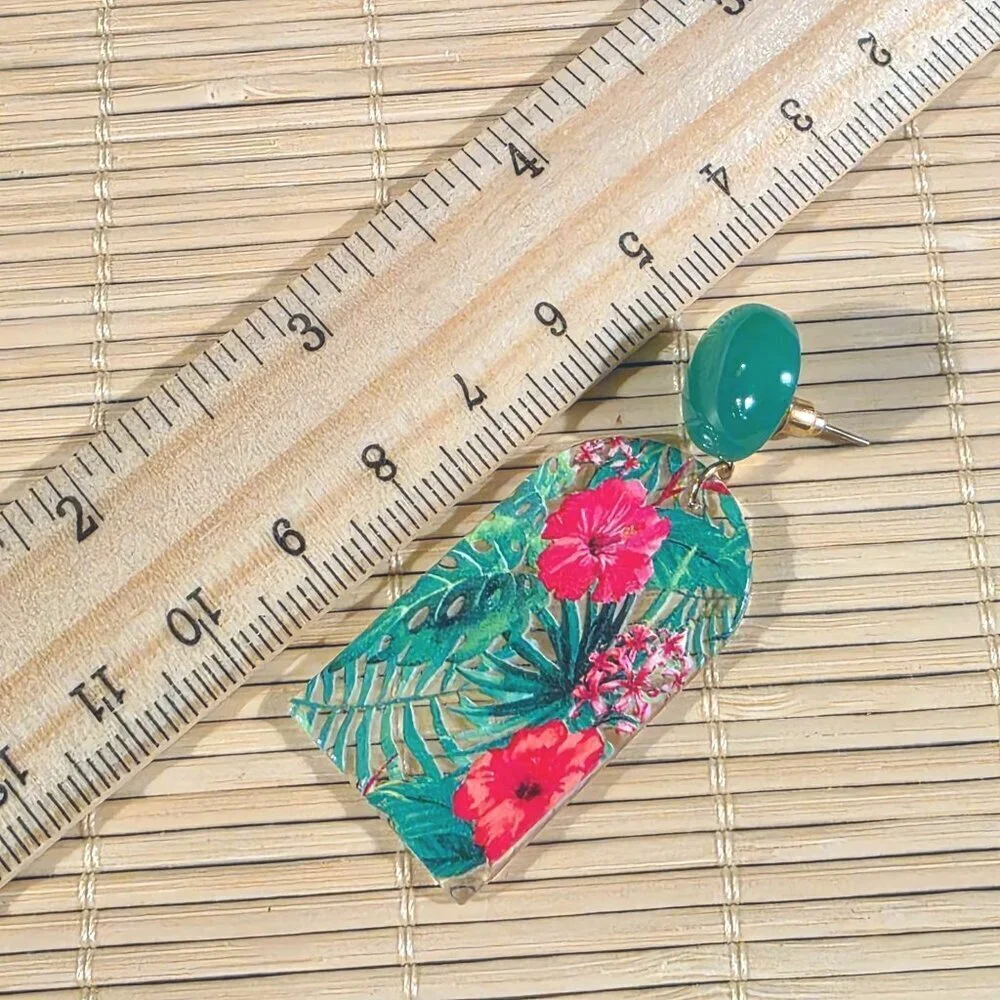 Retro 80s Style Tropical Flowers Plants Vintage Lucite Pendant Dangle earrings
